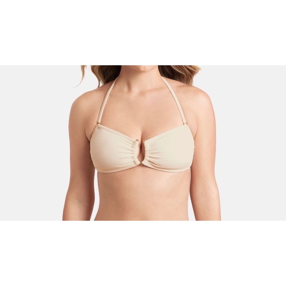 Sofia Vergara Bikini Top Women XL Vanilla Cream Ribbed U-Ring Halter NEW